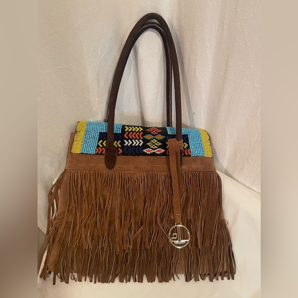 Jean Louis Scherrer Brown Suede Fringe Shoulder Bag with Colorful Beaded Accent - Picture 2 of 10